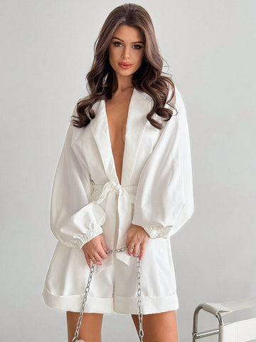 Women's Elegant Office Romper With Lapel, Batwing Sleeves, Belt & Pockets, Vintage Style, White, Suitable For Commuting, Autumn