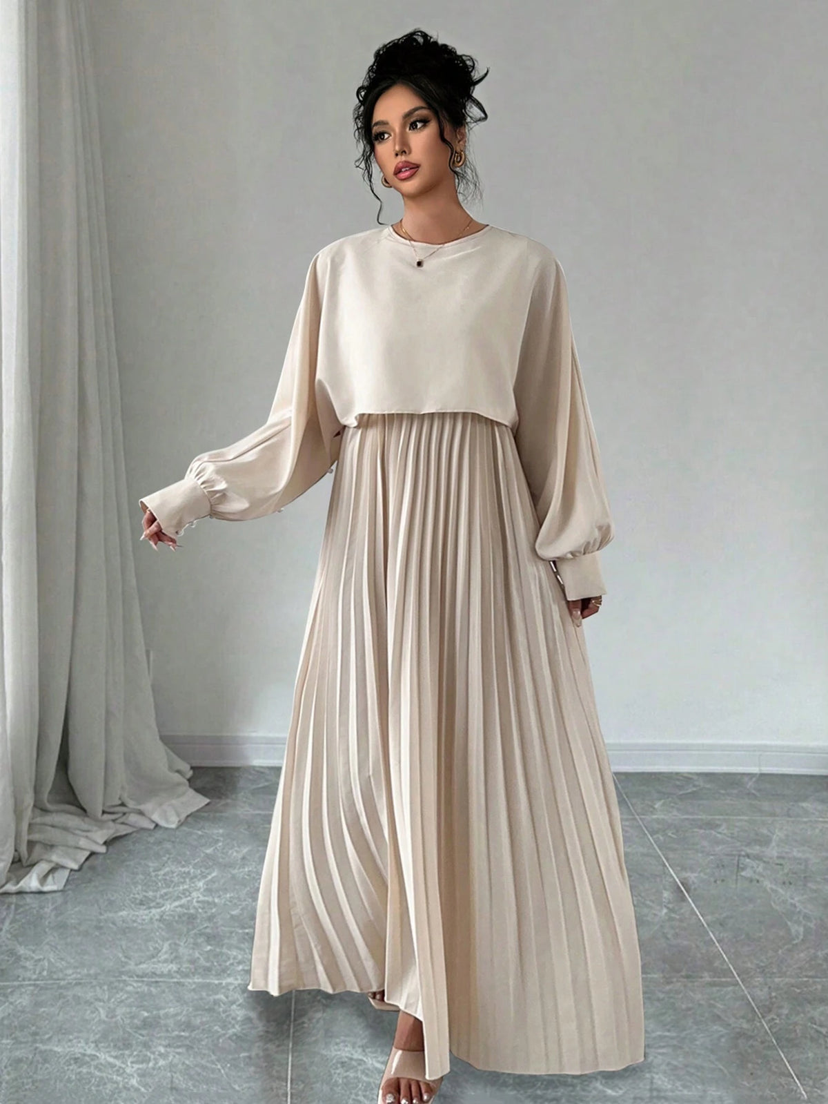 Women Summer Waist Splicing Elastic Tie Pleated Hem Casual Vacation Dress