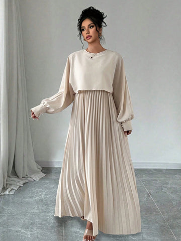 Women Summer Waist Splicing Elastic Tie Pleated Hem Casual Vacation Dress