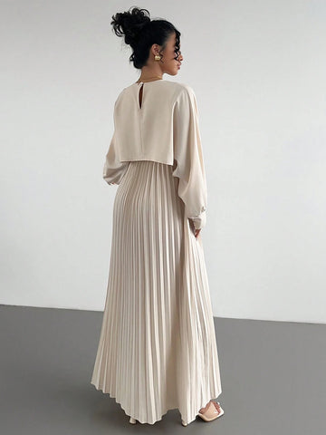 Women Summer Waist Splicing Elastic Tie Pleated Hem Casual Vacation Dress