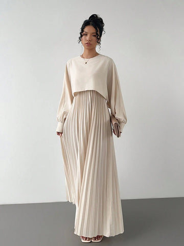 Women Summer Waist Splicing Elastic Tie Pleated Hem Casual Vacation Dress