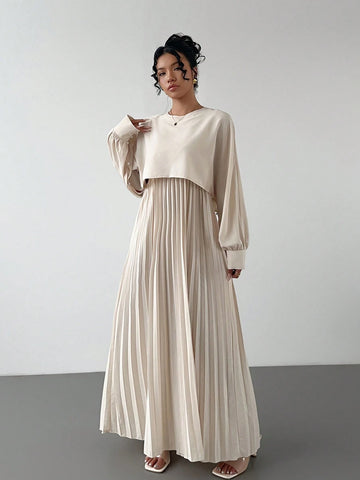 Women Summer Waist Splicing Elastic Tie Pleated Hem Casual Vacation Dress