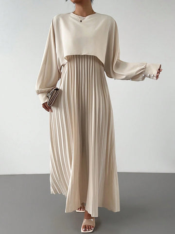 Women Summer Waist Splicing Elastic Tie Pleated Hem Casual Vacation Dress