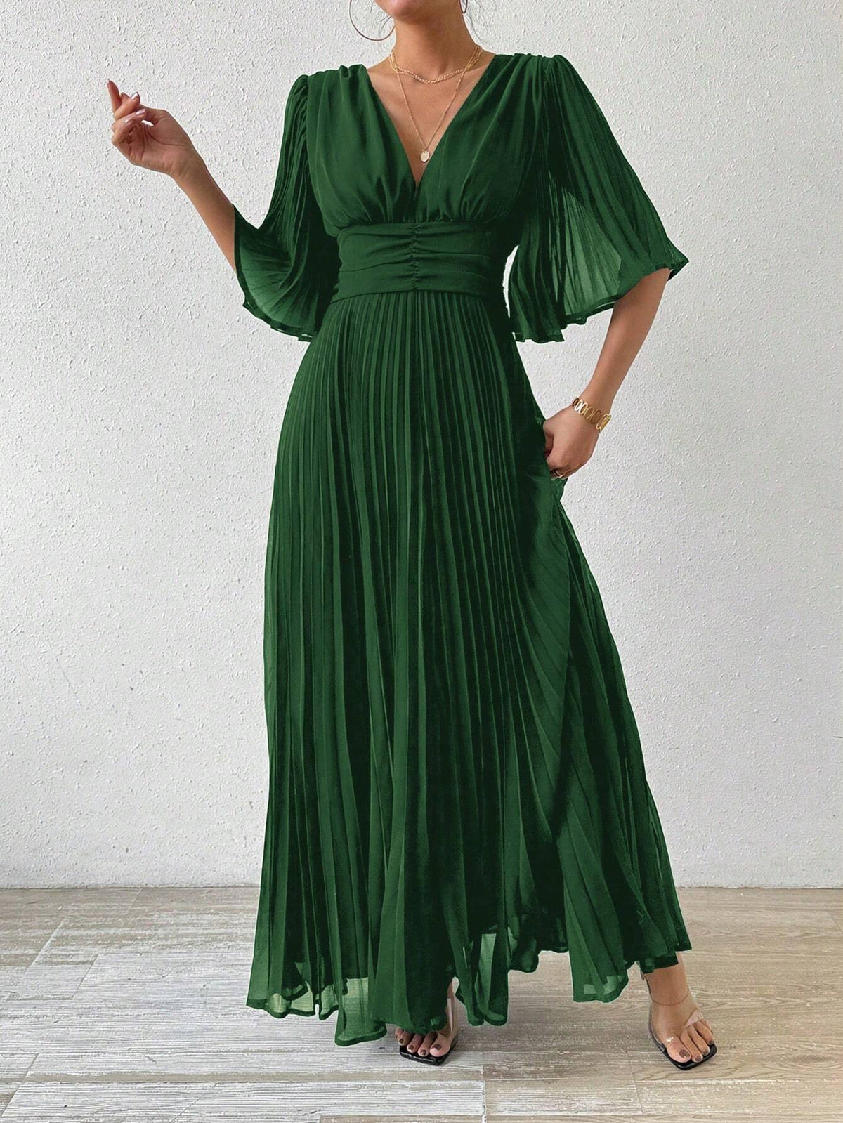Women's Elegant Pleated Flowy Bell Sleeve Dress
