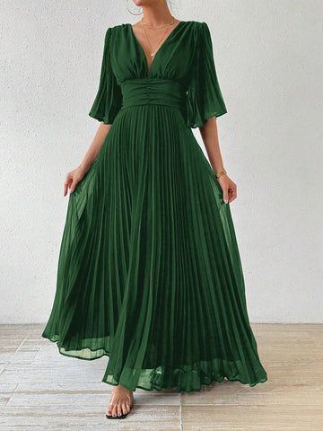Women's Elegant Pleated Flowy Bell Sleeve Dress