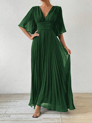 Women's Elegant Pleated Flowy Bell Sleeve Dress