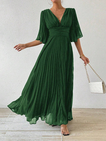 Women's Elegant Pleated Flowy Bell Sleeve Dress
