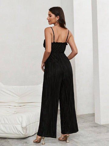 Women's Elegant Pleated Wide-Leg Jumpsuit With Ruffled Hem And Adjustable Strap, Perfect For Summer And Vacation