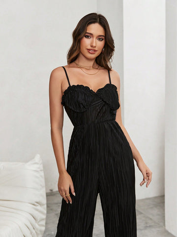 Women's Elegant Pleated Wide-Leg Jumpsuit With Ruffled Hem And Adjustable Strap, Perfect For Summer And Vacation