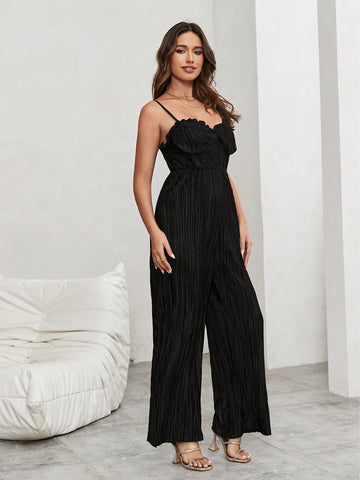 Women's Elegant Pleated Wide-Leg Jumpsuit With Ruffled Hem And Adjustable Strap, Perfect For Summer And Vacation