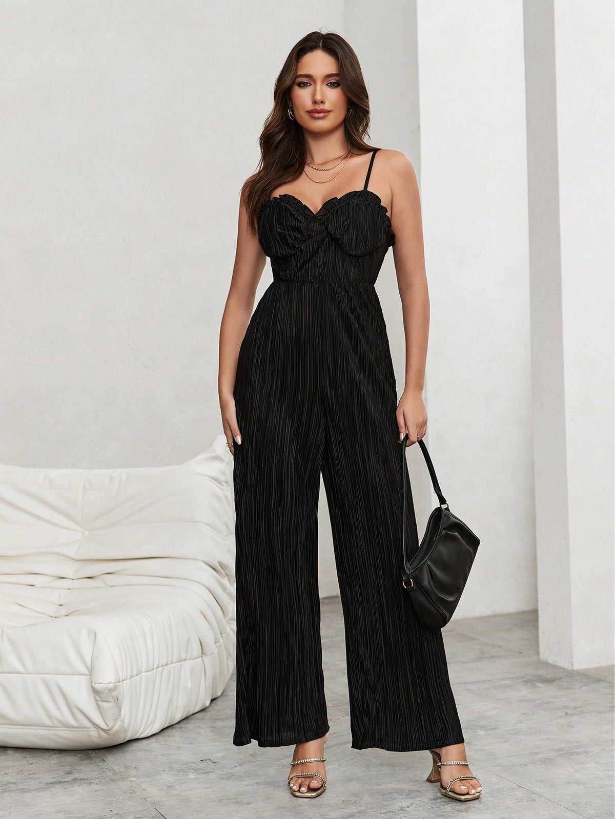 Women's Elegant Pleated Wide-Leg Jumpsuit With Ruffled Hem And Adjustable Strap, Perfect For Summer And Vacation