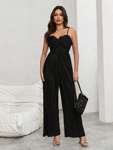Women's Elegant Pleated Wide-Leg Jumpsuit With Ruffled Hem And Adjustable Strap, Perfect For Summer And Vacation