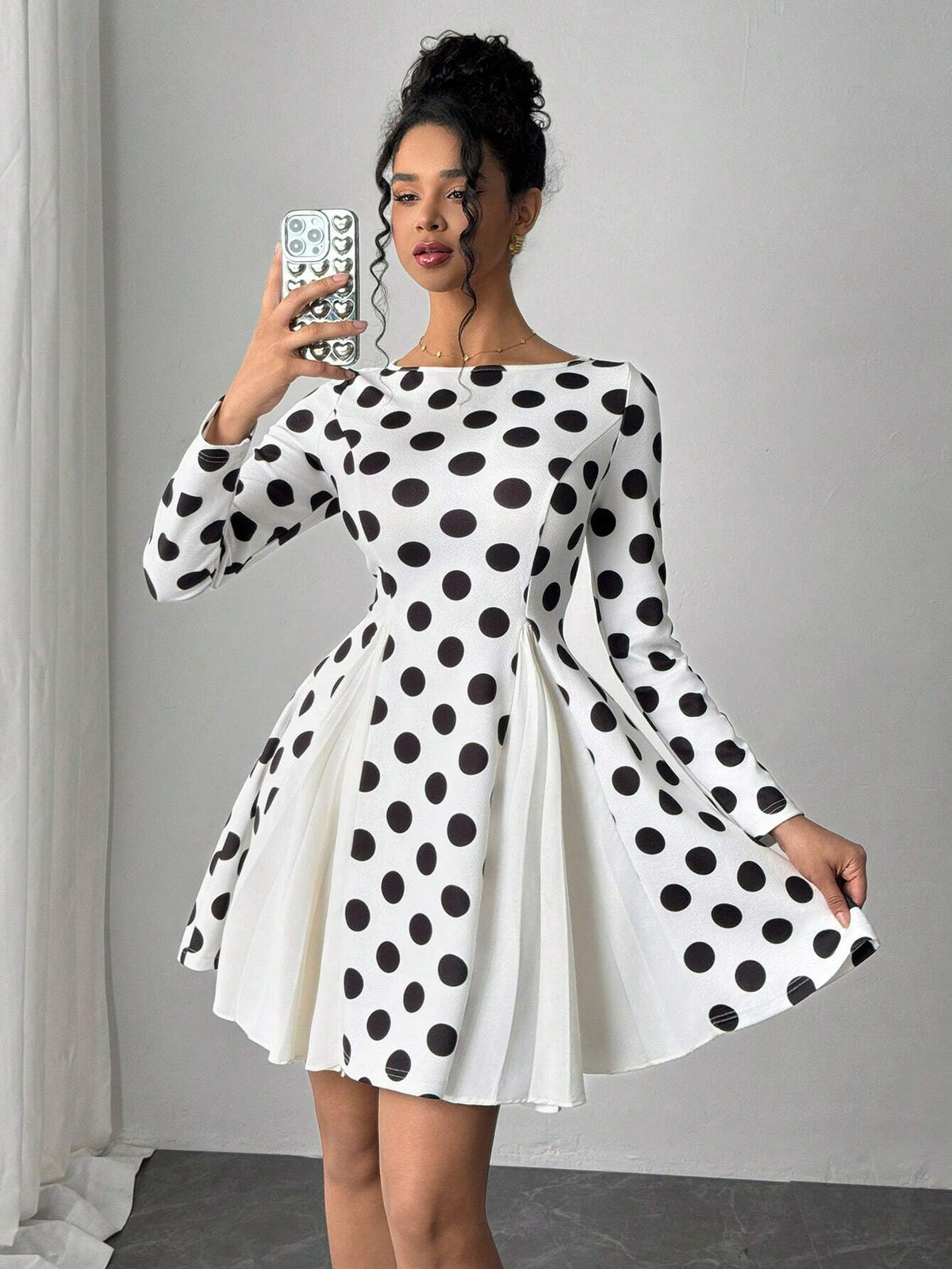 Women's Elegant Polka Dot Print Patchwork Pleated Waist Long Sleeve Dress, Autumn