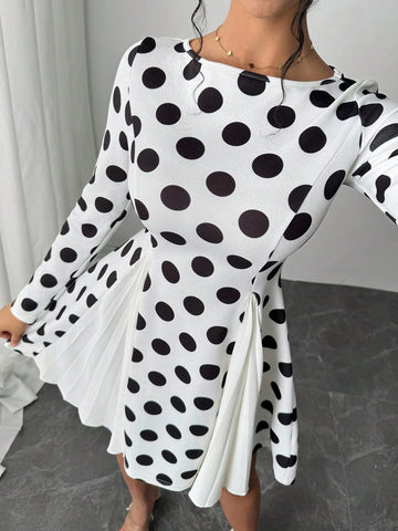 Women's Elegant Polka Dot Print Patchwork Pleated Waist Long Sleeve Dress, Autumn