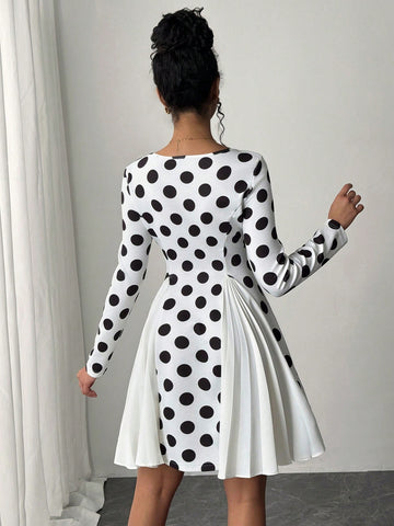 Women's Elegant Polka Dot Print Patchwork Pleated Waist Long Sleeve Dress, Autumn