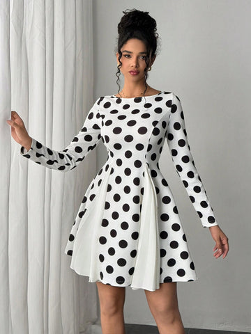 Women's Elegant Polka Dot Print Patchwork Pleated Waist Long Sleeve Dress, Autumn
