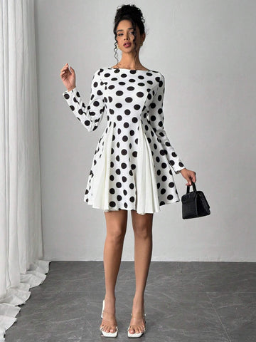 Women's Elegant Polka Dot Print Patchwork Pleated Waist Long Sleeve Dress, Autumn