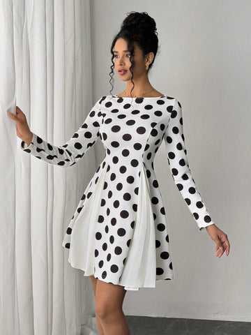 Women's Elegant Polka Dot Print Patchwork Pleated Waist Long Sleeve Dress, Autumn