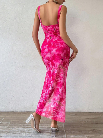 Women's Elegant Printed Split Hem Strappy Maxi Dress