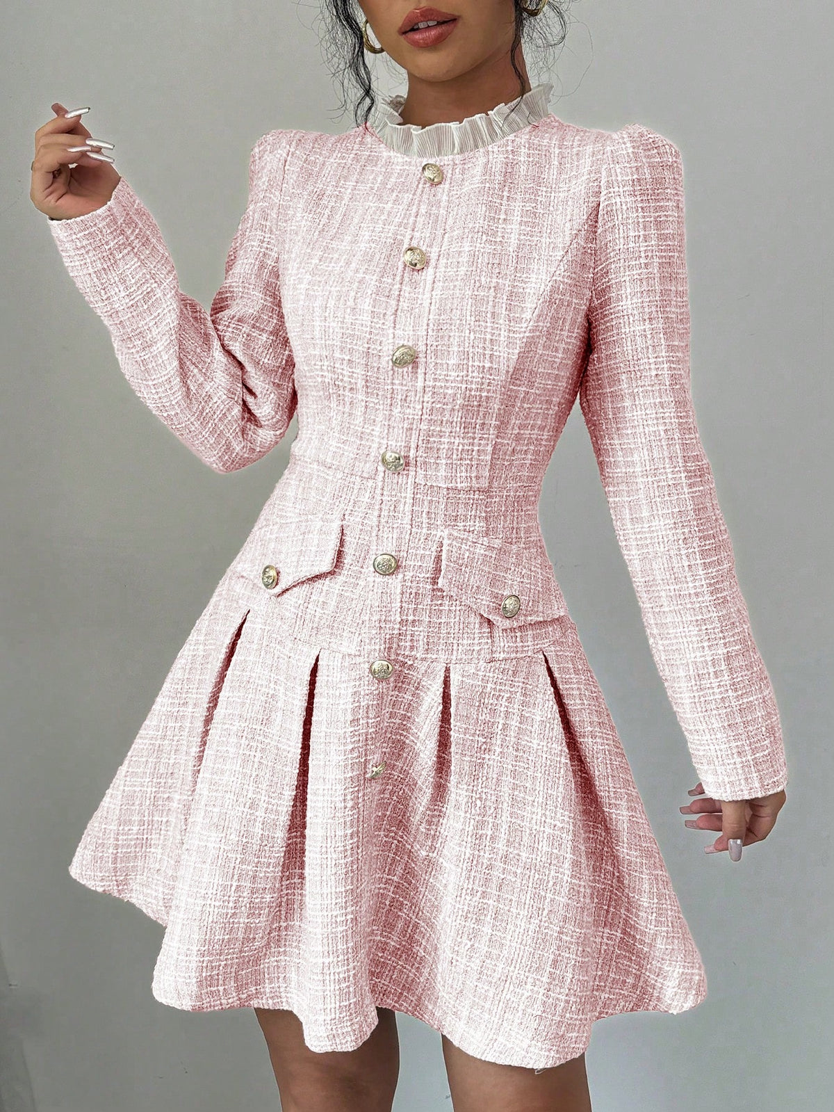 Women's Elegant Puff Sleeve Pleated Trim Midi Dress, Autumn