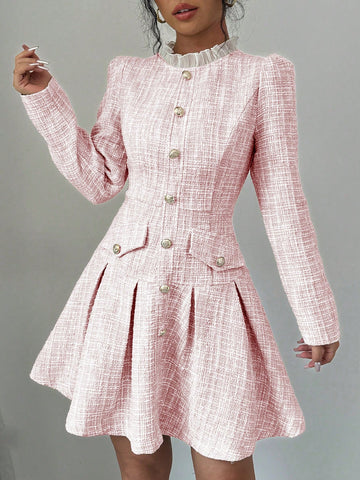 Women's Elegant Puff Sleeve Pleated Trim Midi Dress, Autumn