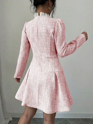 Women's Elegant Puff Sleeve Pleated Trim Midi Dress, Autumn