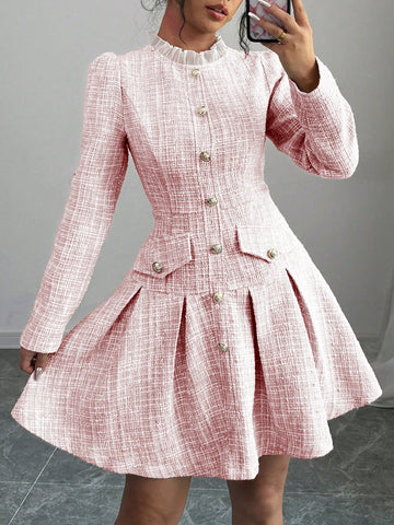 Women's Elegant Puff Sleeve Pleated Trim Midi Dress, Autumn