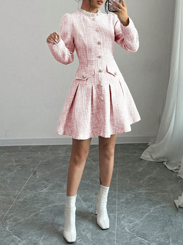 Women's Elegant Puff Sleeve Pleated Trim Midi Dress, Autumn