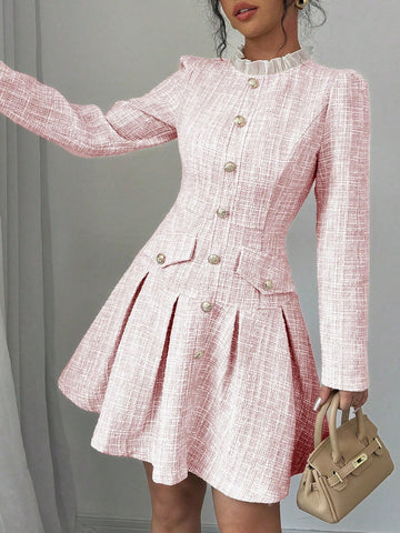 Women's Elegant Puff Sleeve Pleated Trim Midi Dress, Autumn