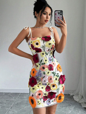 Romantic Date Party Sleeveless With Thin Knotted Straps And 3D Flower Desig