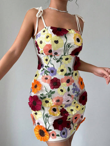 Romantic Date Party Sleeveless With Thin Knotted Straps And 3D Flower Desig