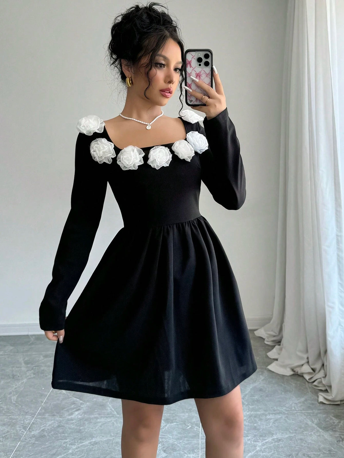Women's Elegant Round Neck 3D Floral Long Sleeve Dress, Spring Autumn