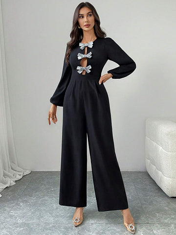 Women's Elegant Round Neck Lantern Sleeve Button Flared Jumpsuit, Spring & Summer