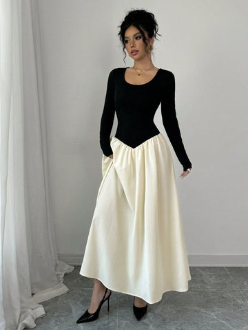 Women's Elegant Round Neck Long Sleeve Color Blocking Dress, Spring Autumn