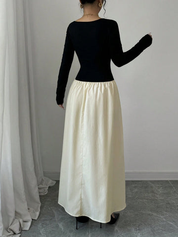 Women's Elegant Round Neck Long Sleeve Color Blocking Dress, Spring Autumn