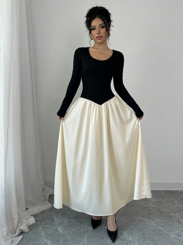 Women's Elegant Round Neck Long Sleeve Color Blocking Dress, Spring Autumn
