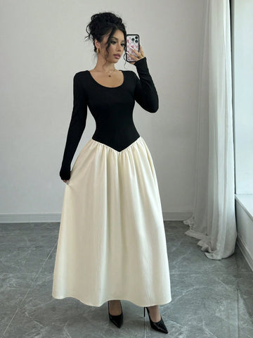 Women's Elegant Round Neck Long Sleeve Color Blocking Dress, Spring Autumn