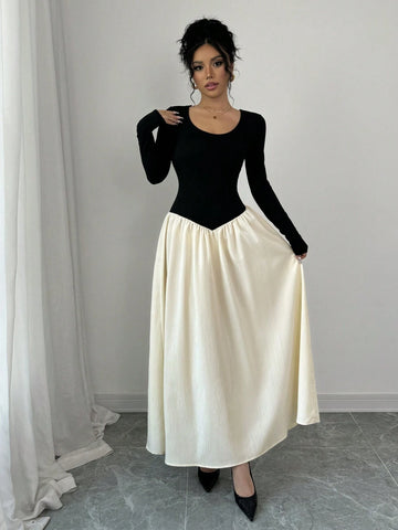 Women's Elegant Round Neck Long Sleeve Color Blocking Dress, Spring Autumn