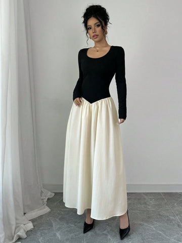 Women's Elegant Round Neck Long Sleeve Color Blocking Dress, Spring Autumn