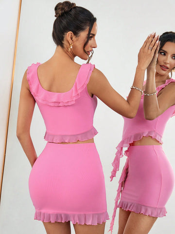 Women's Elegant Ruffle Trimmed Decor Vest Top And Skirt Suit, 2pcs/Set