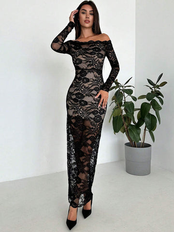 Women's Elegant Sexy Black Off-Shoulder Lace Maxi Dress For Party, Festival, Back To School