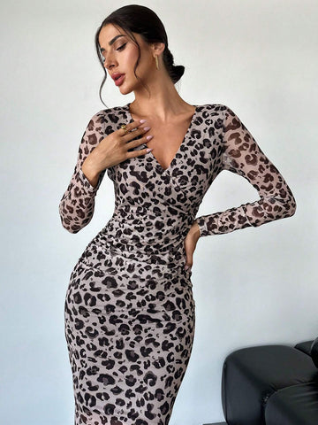 Women's Elegant Sexy Date Party Back To School Music Festival Leopard Print Mesh Plunge V-Neck Long Sleeve High Waist Ruched Bodycon Dress