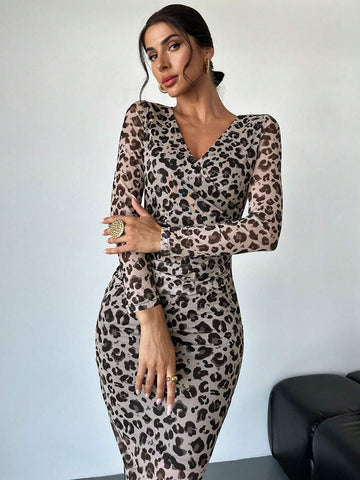 Women's Elegant Sexy Date Party Back To School Music Festival Leopard Print Mesh Plunge V-Neck Long Sleeve High Waist Ruched Bodycon Dress