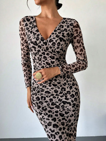 Women's Elegant Sexy Date Party Back To School Music Festival Leopard Print Mesh Plunge V-Neck Long Sleeve High Waist Ruched Bodycon Dress