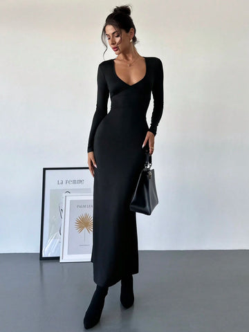 Women's Elegant Sexy Versatile Bodycon Dress With Deep V-Neck, Long Sleeves, And Tie Waist