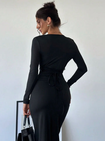 Women's Elegant Sexy Versatile Bodycon Dress With Deep V-Neck, Long Sleeves, And Tie Waist