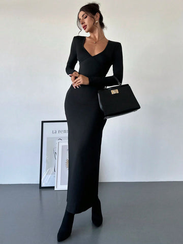 Women's Elegant Sexy Versatile Bodycon Dress With Deep V-Neck, Long Sleeves, And Tie Waist