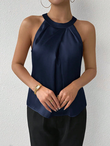 Privé Women's Elegant Sleeveless Ruffle Collar Solid Color Satin Blouse For Office Commute,