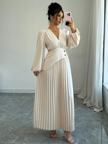 Women's Elegant Solid Color Lantern Sleeve Pleated Hem Dress, Autumn