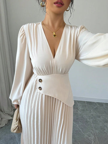 Women's Elegant Solid Color Lantern Sleeve Pleated Hem Dress, Autumn